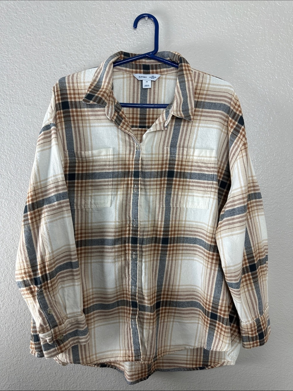 Old Navy Plaid Boyfriend  Button Up Shirt — Tan, Brown & Black Size 2X